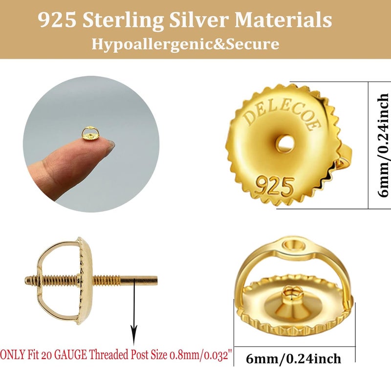 DELECOE 2-Pairs Screw Earring Backs for Threaded Post .032"/0.8mm,18K Gold Plated Sterling Silver Screw on Earring Backs Replacements for Diamond Earring Studs, Hypoallergenic Secure ScrewBacks - Image 3